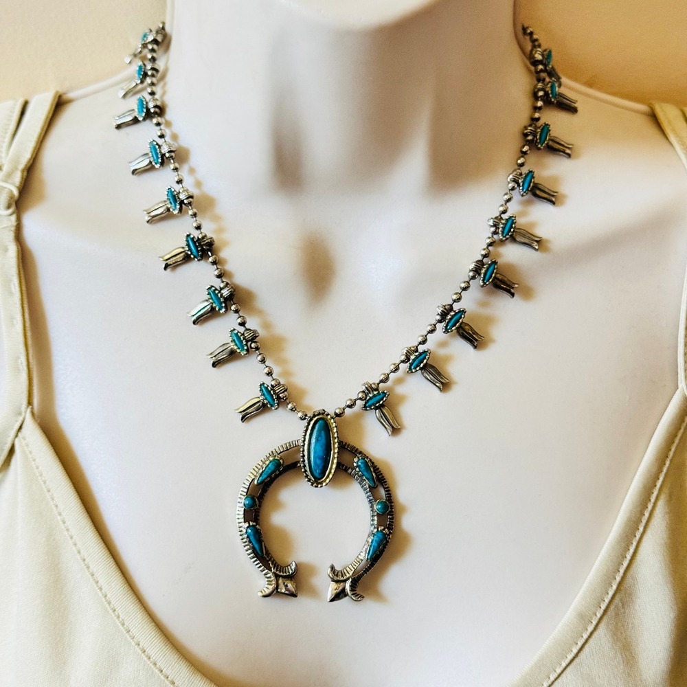 Herman's HMS Squash Blossom Style Necklace VTG Faux Needlepoint Turquoise 1970s